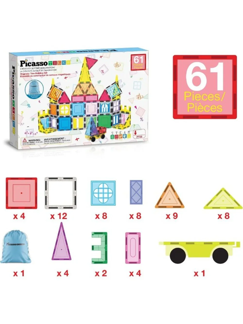 Magnetic Building Blocks Set - 61 Piece STEM Educational Toy for Kids Ages 3-12